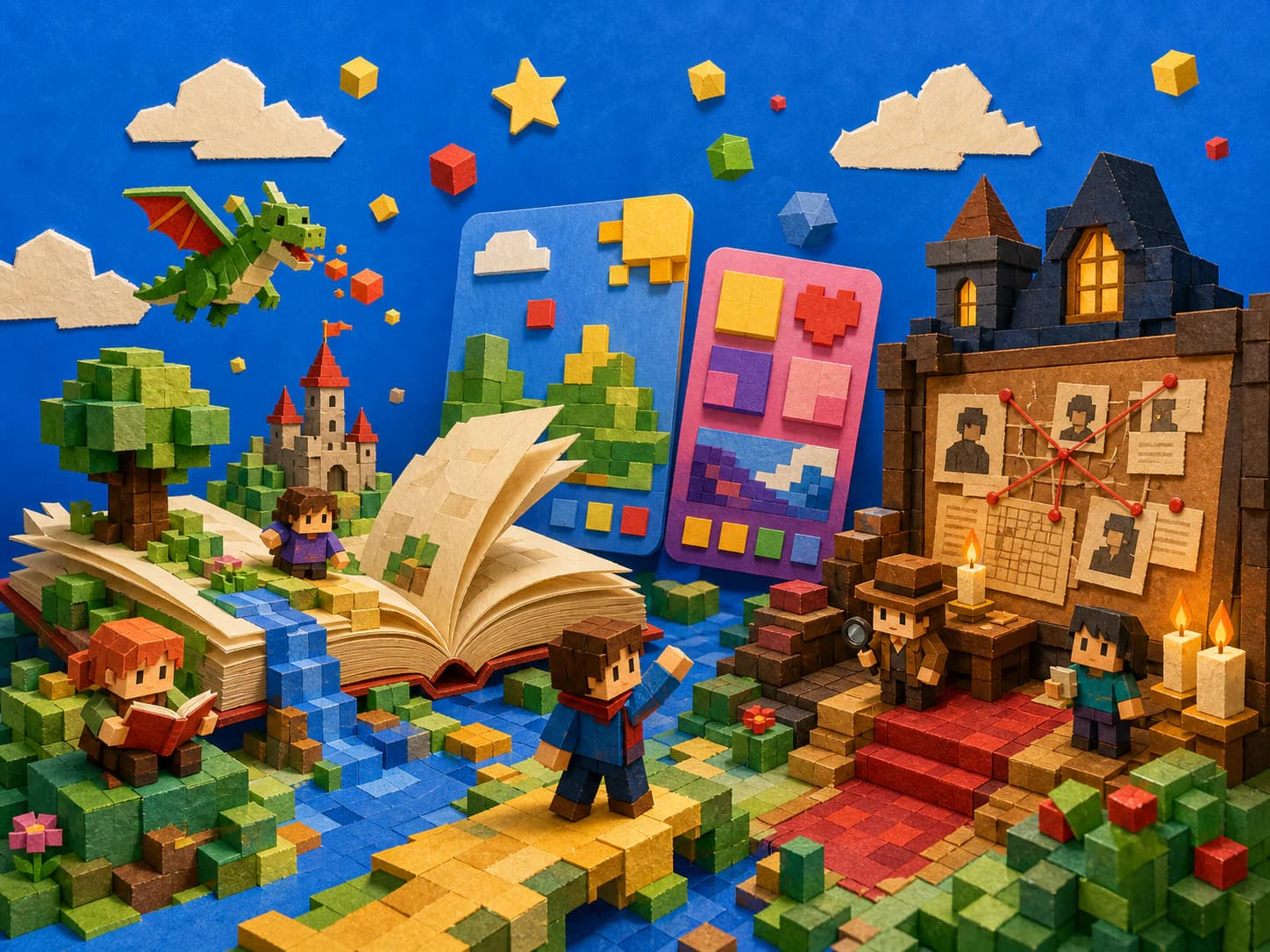 A colorful blocky paper world where books, apps, and a mystery game meet