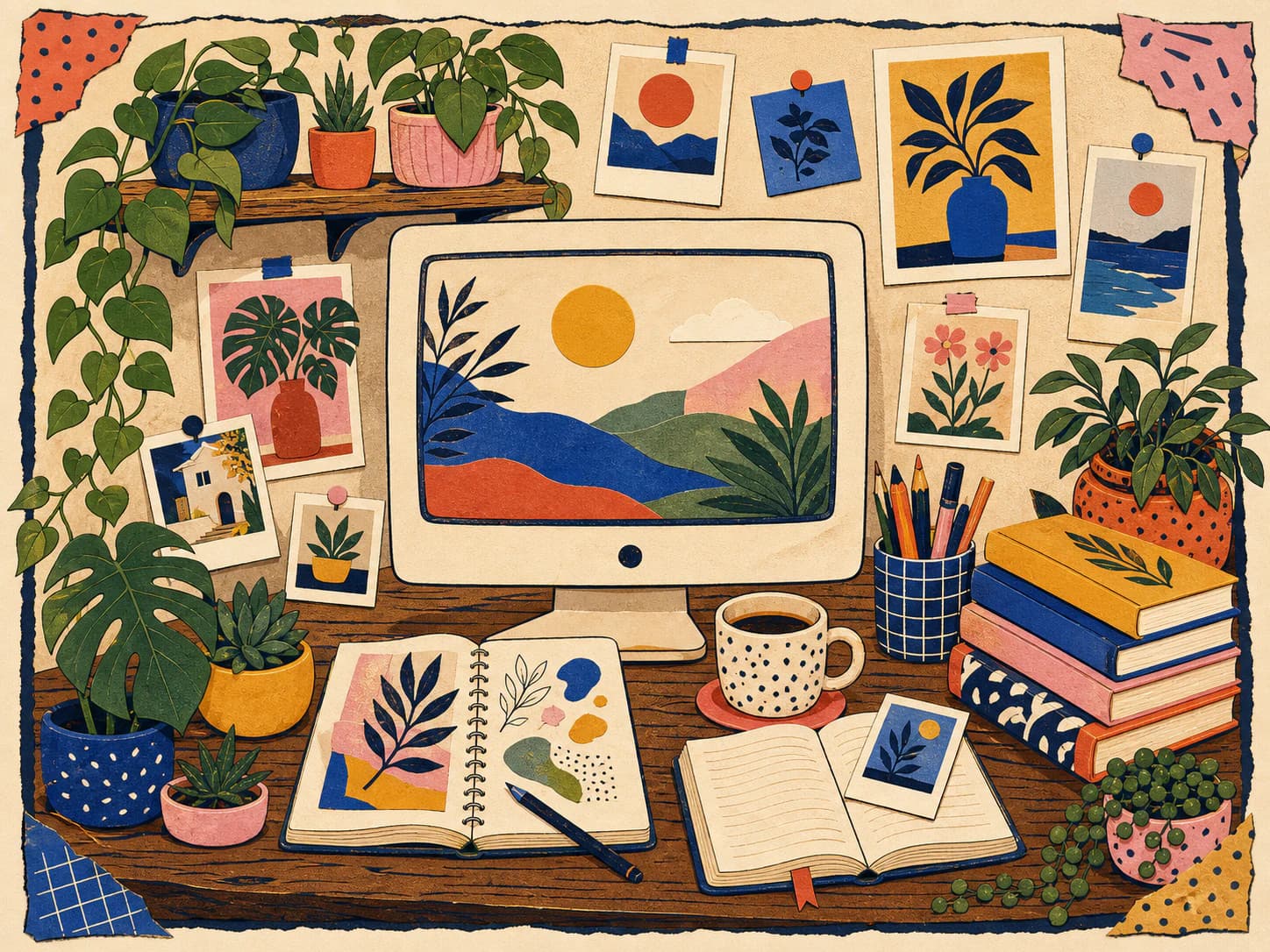 A creative desk with a monitor, notebooks, photos, coffee, books, and abundant houseplants