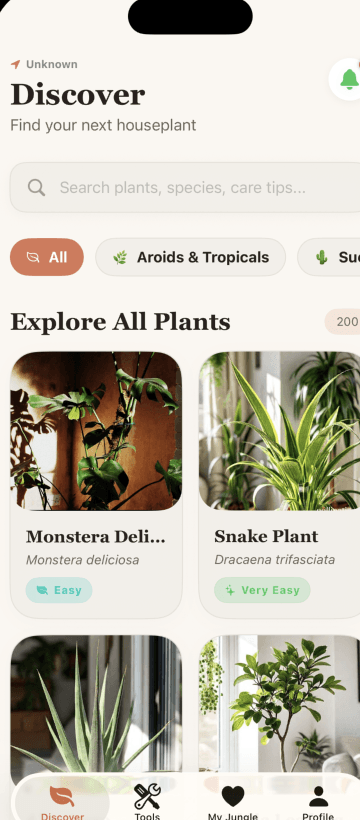 Houseplants discover screen with a searchable plant library