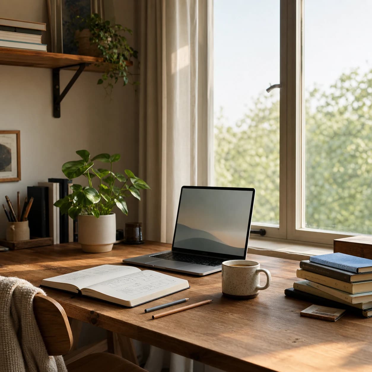 a young maker at a desk by a window in Delhi NCR, warm morning light