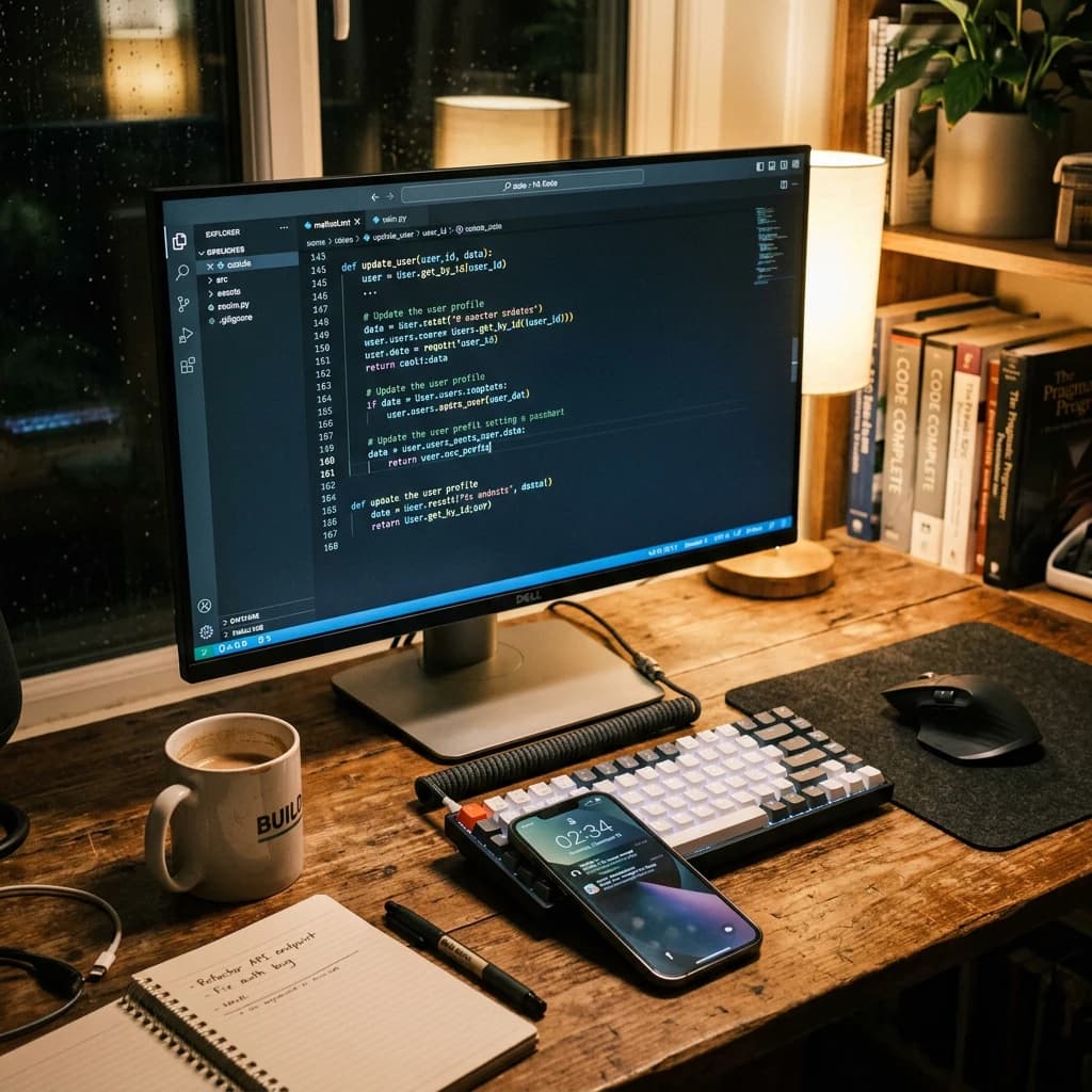 close-up of code and an iPhone on a desk, candid
