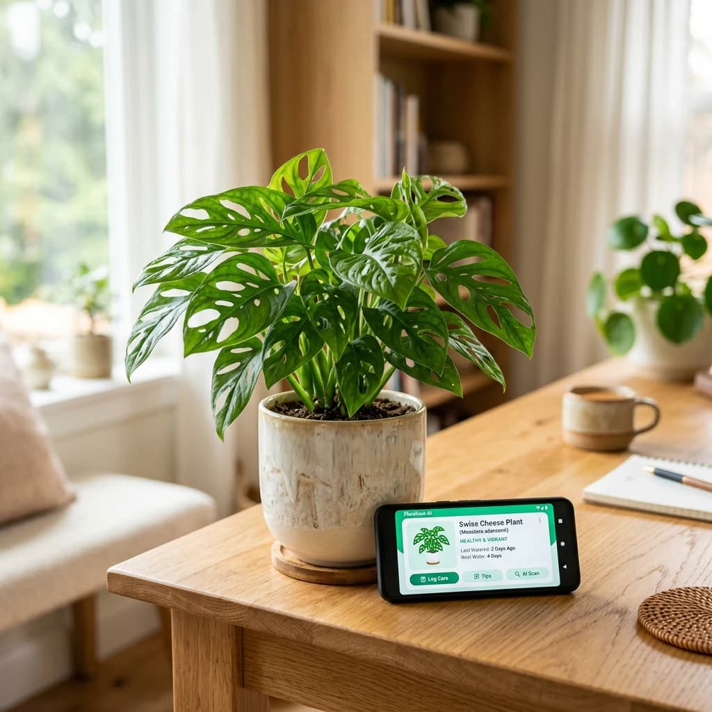 a healthy houseplant beside a phone showing the HousePlants AI app