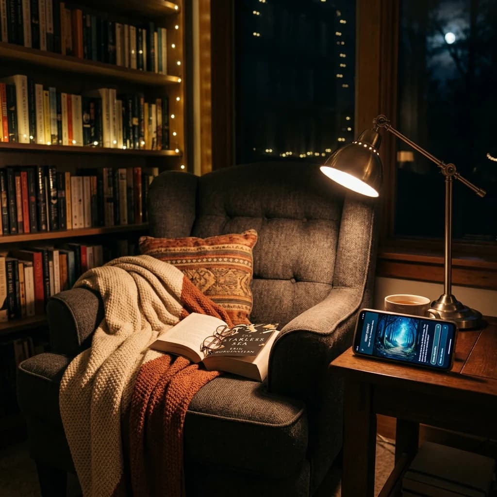 a cozy reading nook at night, phone showing StoryTime.ai