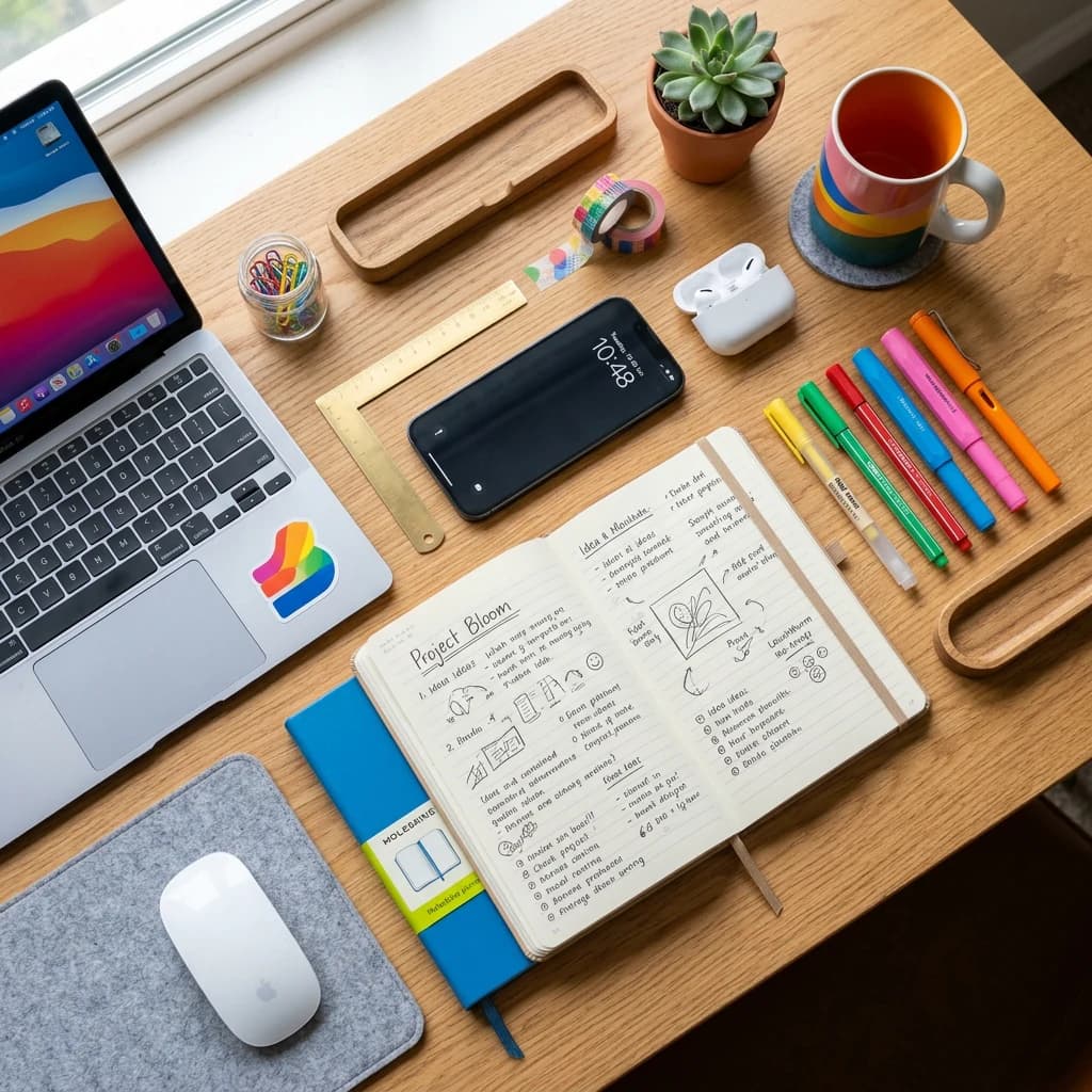 the Indie House logo / workspace flat-lay with the brand colors