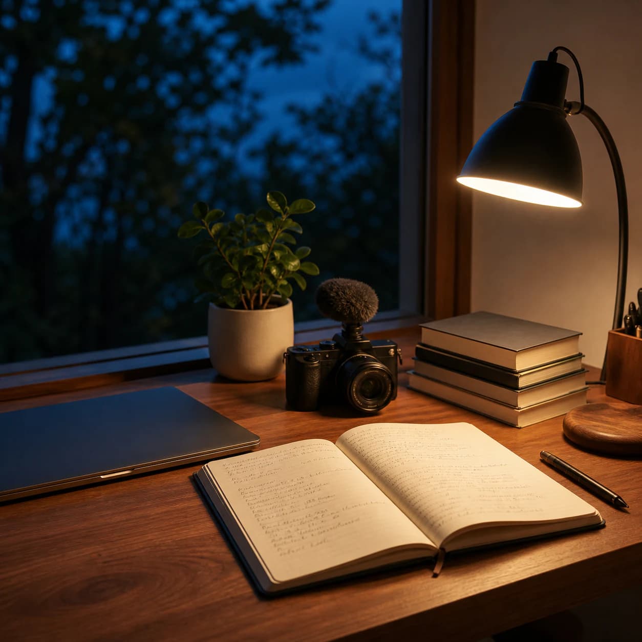 late-night working session, notebook and laptop, hopeful tone